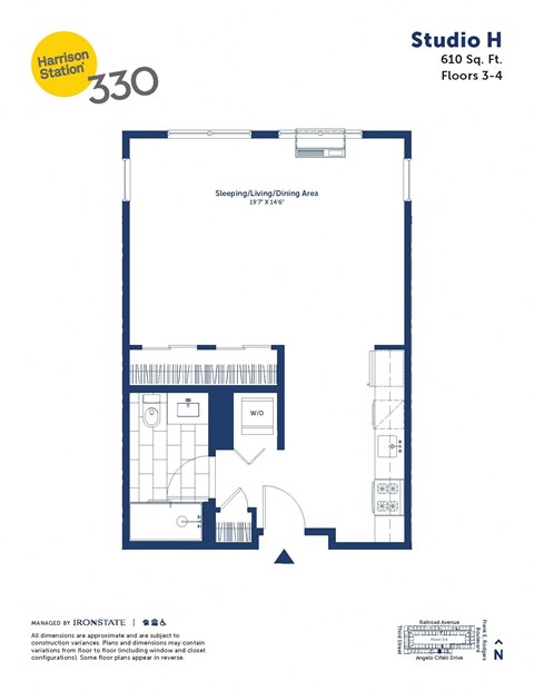 Floor plan for studio, 1 bath, 610 sqft
